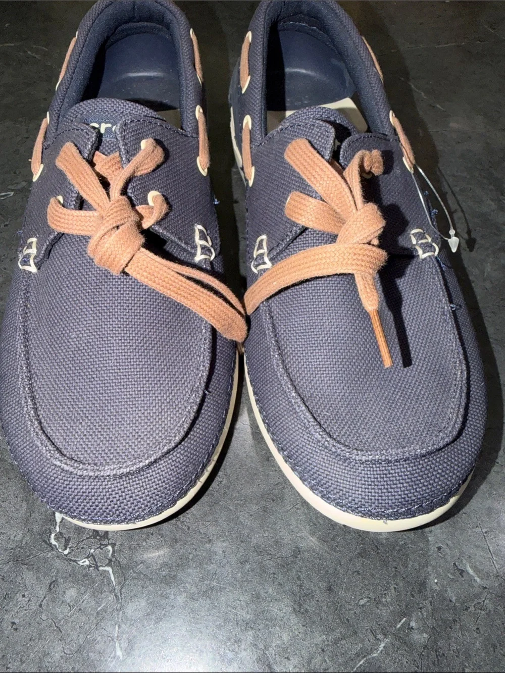 CROCS Navy Canvas Boat Shoes with Tan Laces